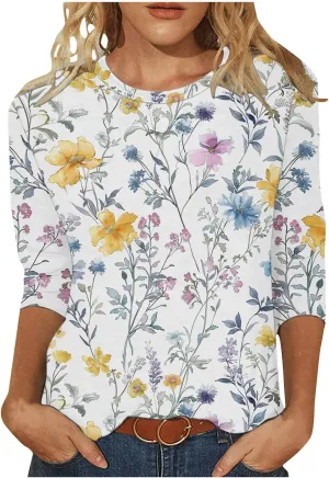 Womens 3/4 Length Sleeve Summer Shirts Floral Boho Blouses Tshirts Trendy Dressy Casual Tops Vacation 2024 Clothing