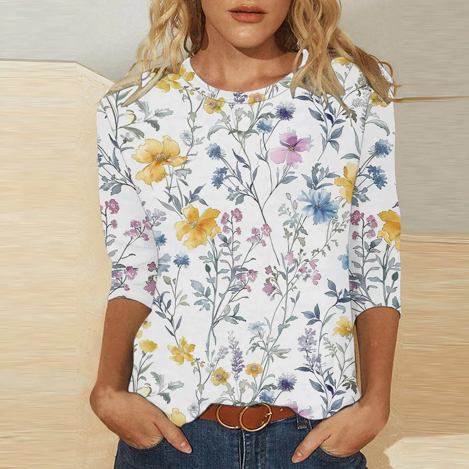 Womens 3/4 Length Sleeve Summer Shirts Floral Boho Blouses Tshirts Trendy Dressy Casual Tops Vacation 2024 Clothing