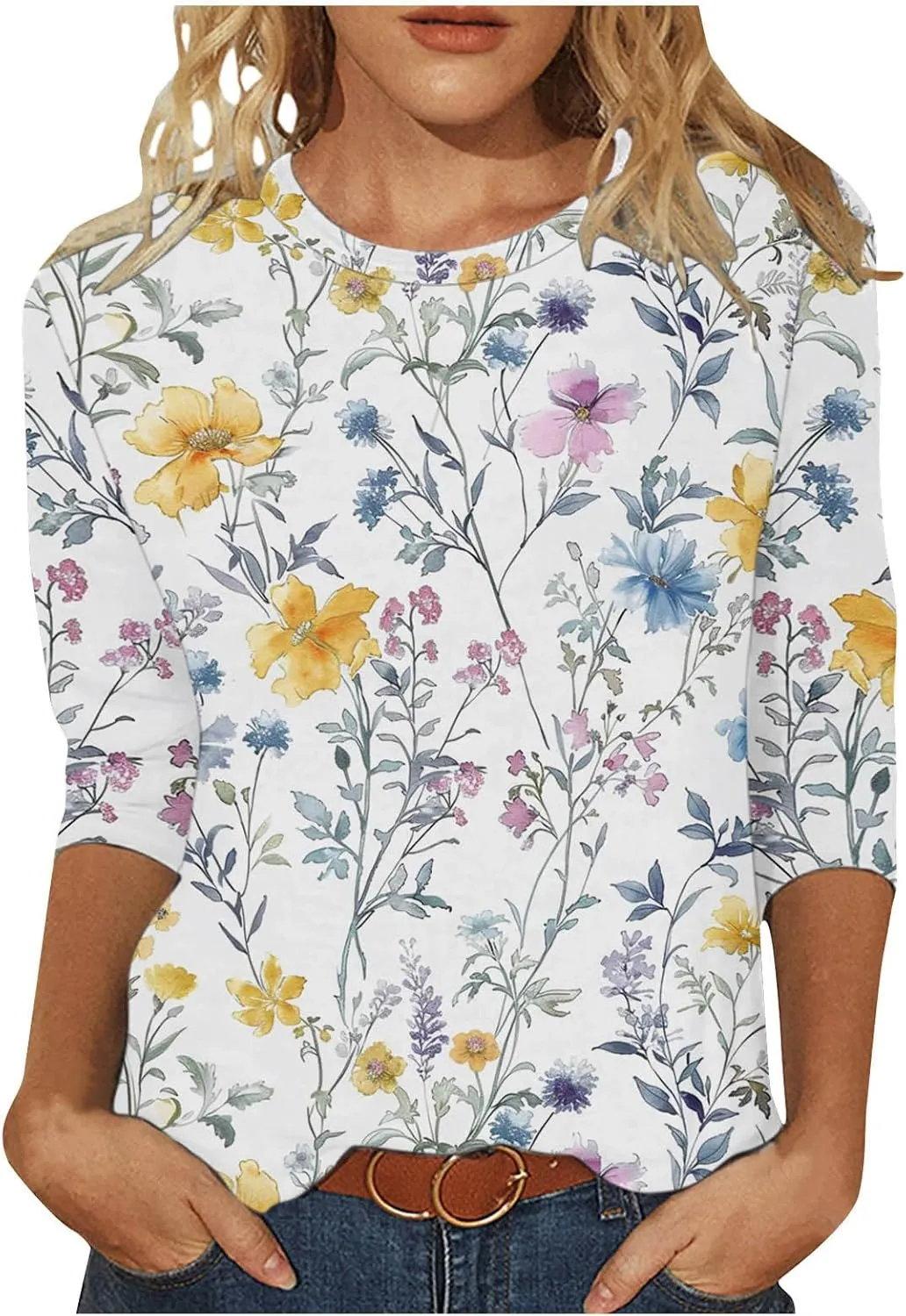 Womens 3/4 Length Sleeve Summer Shirts Floral Boho Blouses Tshirts Trendy Dressy Casual Tops Vacation 2024 Clothing