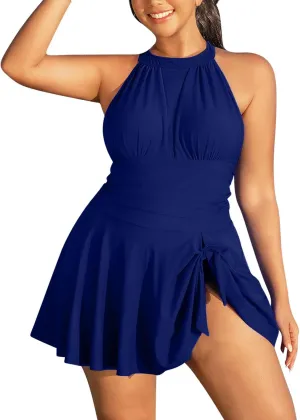 Women's Backless Swim Dress Sleeveless Pleated Tummy Control Swimwear One Piece Sexy Slimming Swimsuits