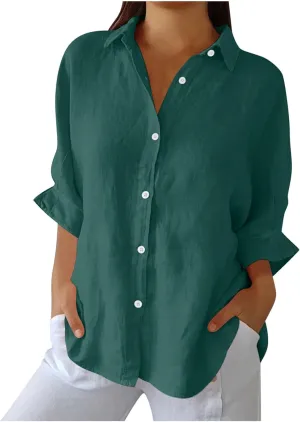 Womens Button Down Shirt Cotton Linen Lapel Tops Spring Summer Going Out Blouse 2025 Dressy Casual Loose Fit T Shirt