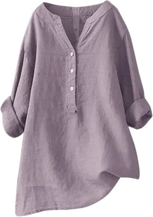 Women's Button Down Shirts Plain Long Sleeve Linen Summer Casual Oversized Blouse Tops Loose Fit Tee Tops