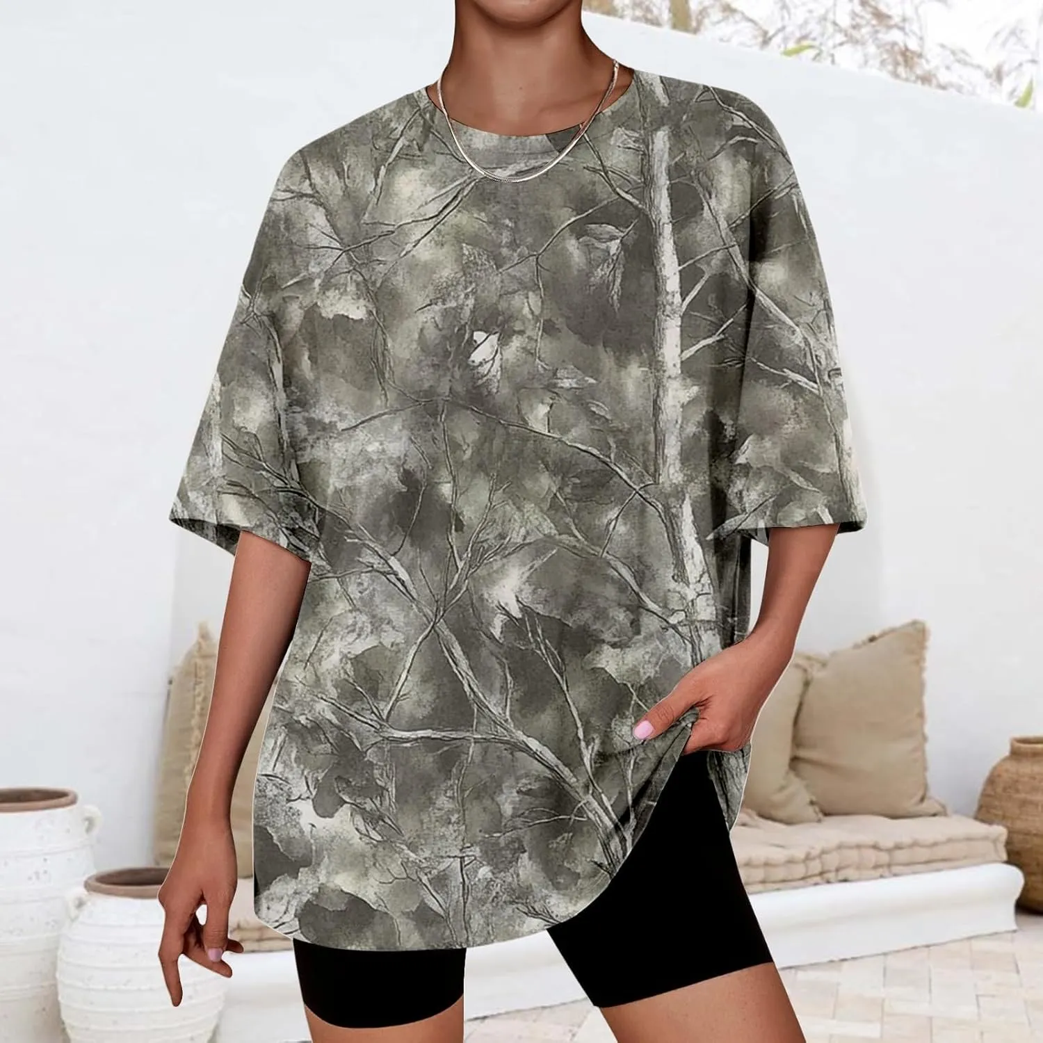 Womens Camo T-Shirt Maple Leaf Print Oversized Summer Tops Casual Loose Short Sleeve Crewneck Camouflage Shirts