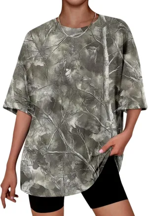 Womens Camo T-Shirt Maple Leaf Print Oversized Summer Tops Casual Loose Short Sleeve Crewneck Camouflage Shirts