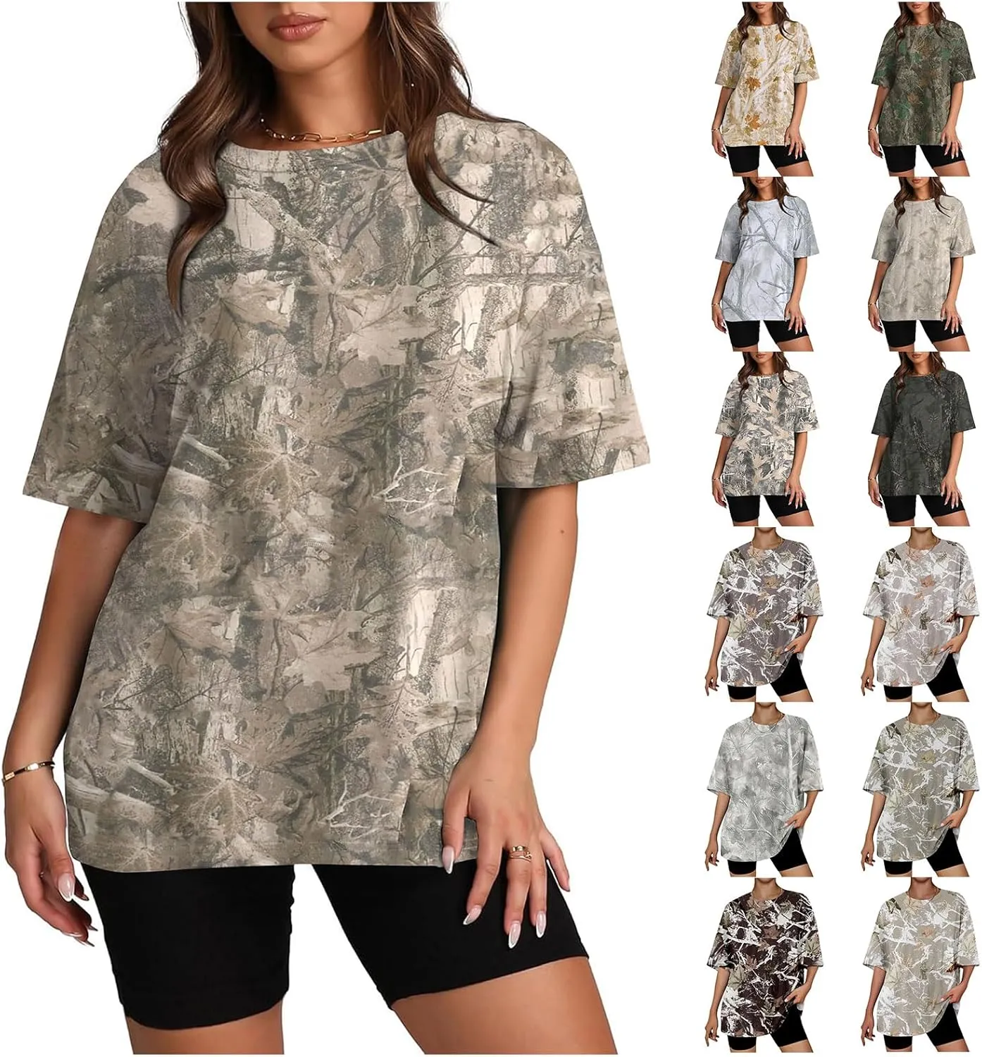 Womens Camo T-Shirt Maple Leaf Print Oversized Summer Tops Casual Loose Short Sleeve Crewneck Camouflage Shirts