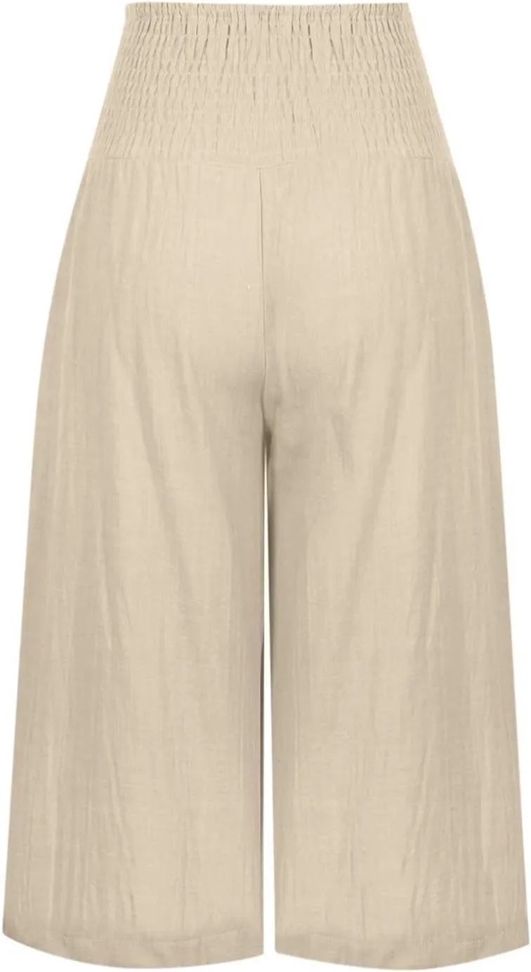 Womens Capri Pants Casual Summer Linen Pants Loose Wide Leg Pants High Waist Straight Pants Business Casual Pants