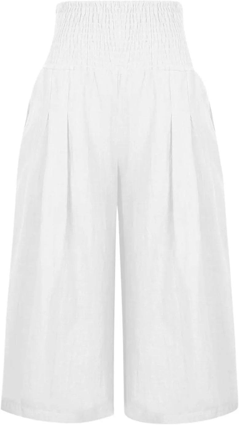 Womens Capri Pants Casual Summer Linen Pants Loose Wide Leg Pants High Waist Straight Pants Business Casual Pants