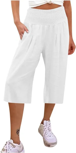 Womens Capri Pants Casual Summer Linen Pants Loose Wide Leg Pants High Waist Straight Pants Business Casual Pants