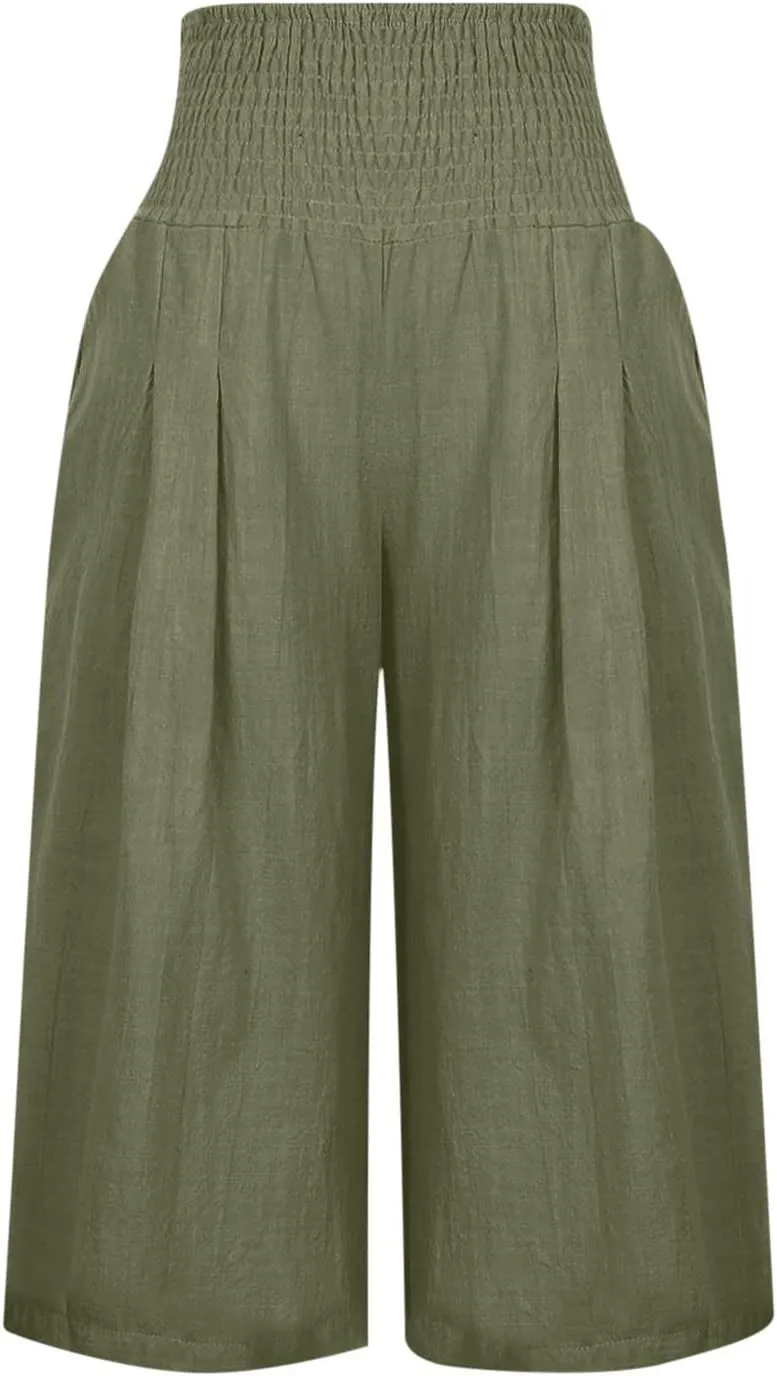 Womens Capri Pants Casual Summer Linen Pants Loose Wide Leg Pants High Waist Straight Pants Business Casual Pants
