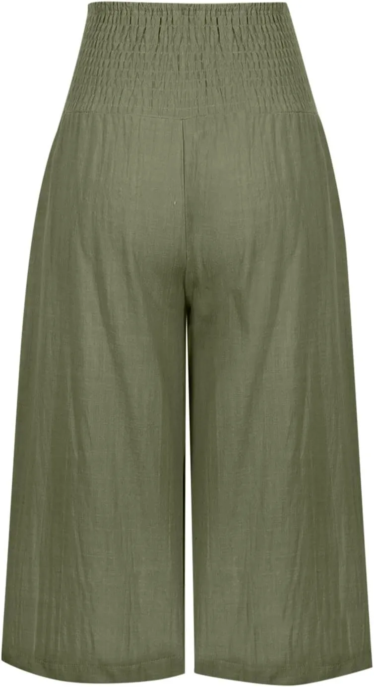Womens Capri Pants Casual Summer Linen Pants Loose Wide Leg Pants High Waist Straight Pants Business Casual Pants
