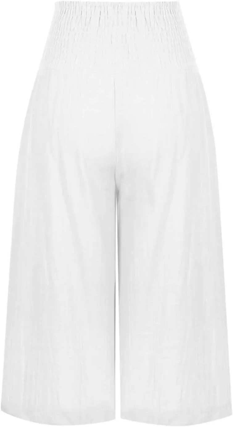 Womens Capri Pants Casual Summer Linen Pants Loose Wide Leg Pants High Waist Straight Pants Business Casual Pants