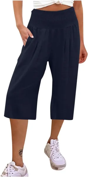 Womens Capri Pants Casual Summer Linen Pants Loose Wide Leg Pants High Waist Straight Pants Business Casual Pants