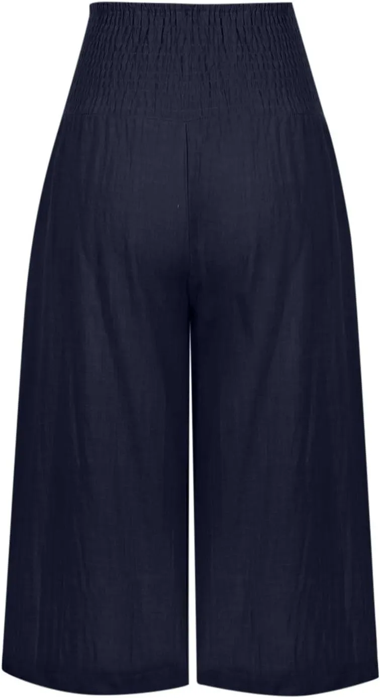 Womens Capri Pants Casual Summer Linen Pants Loose Wide Leg Pants High Waist Straight Pants Business Casual Pants