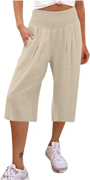 Womens Capri Pants Casual Summer Linen Pants Loose Wide Leg Pants High Waist Straight Pants Business Casual Pants