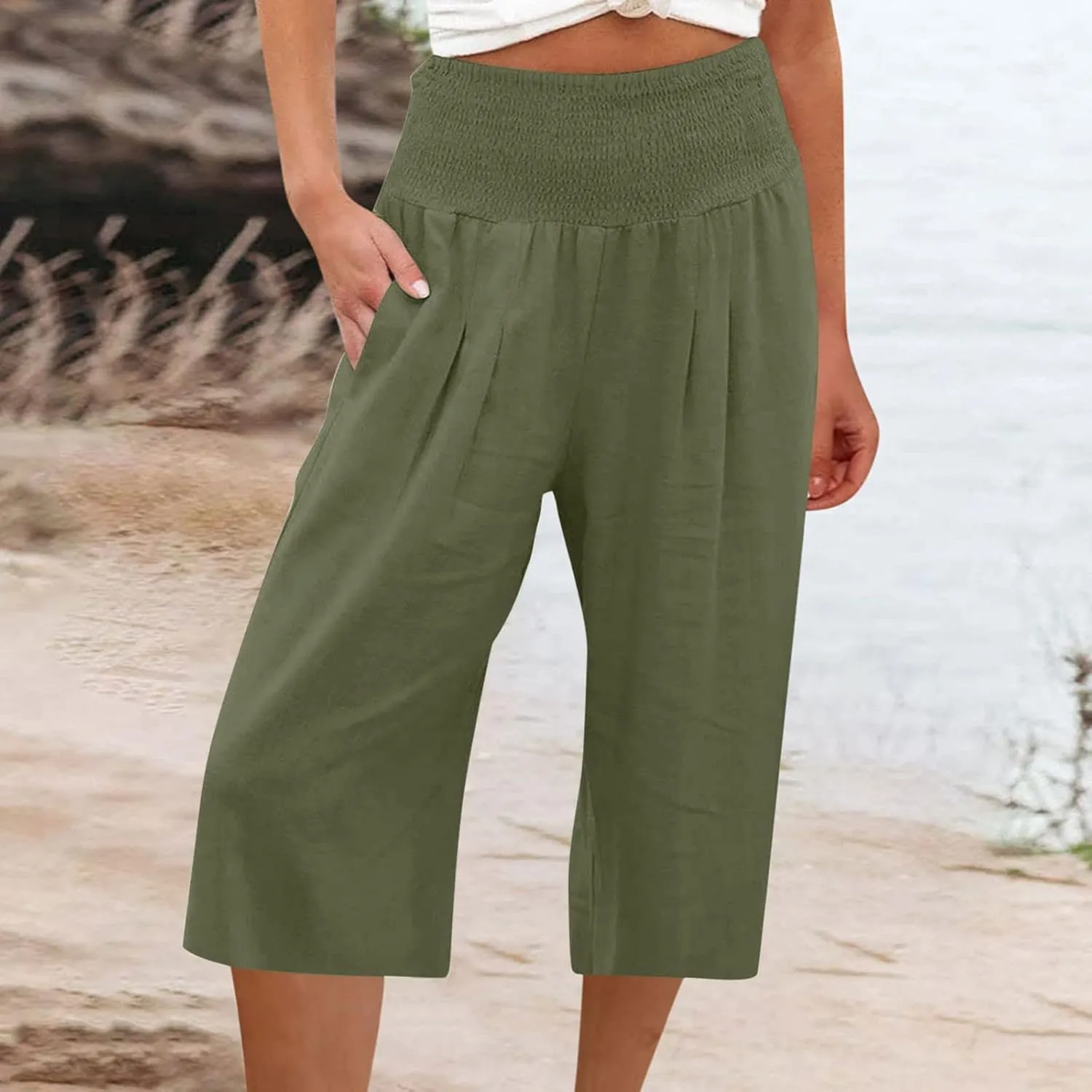 Womens Capri Pants Casual Summer Linen Pants Loose Wide Leg Pants High Waist Straight Pants Business Casual Pants