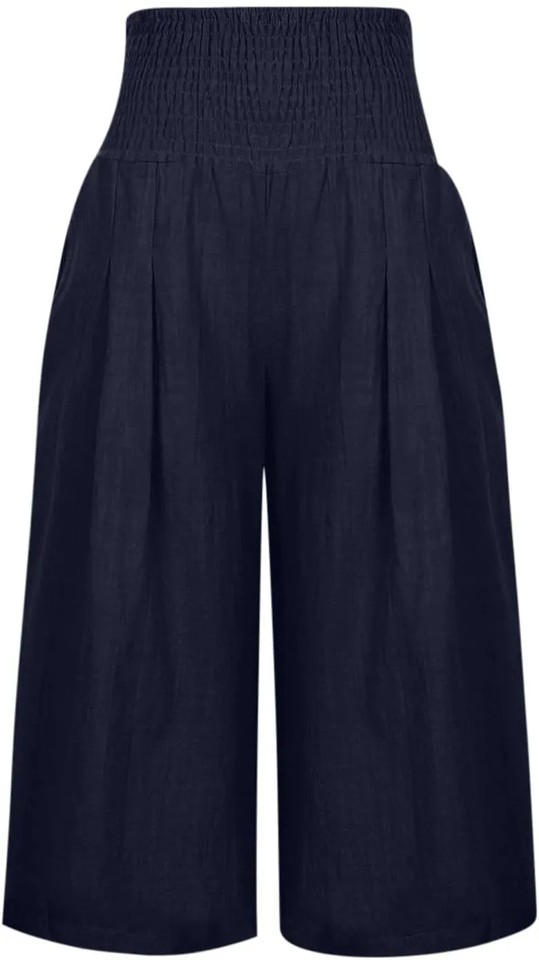 Womens Capri Pants Casual Summer Linen Pants Loose Wide Leg Pants High Waist Straight Pants Business Casual Pants
