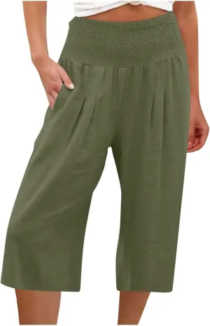 Womens Capri Pants Casual Summer Linen Pants Loose Wide Leg Pants High Waist Straight Pants Business Casual Pants