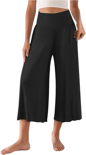 Womens Capris Wide Leg Yoga Pants High Waisted Summer Pants Cropped Lounge Pants Tummy Control Flowy Pants Boho Pants