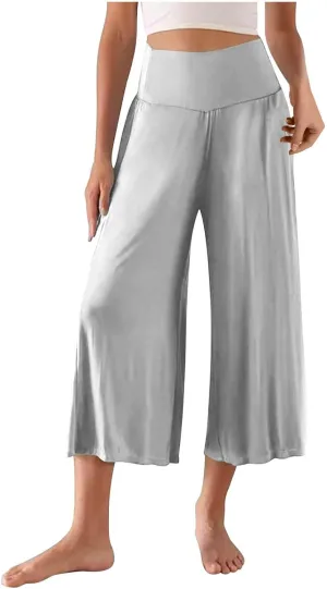 Womens Capris Wide Leg Yoga Pants High Waisted Summer Pants Cropped Lounge Pants Tummy Control Flowy Pants Boho Pants