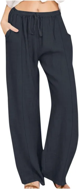 Women's Casual Linen Pants Summer Wide Leg Pants Drawstring Waist Lounge Pants Comfy Loose Pants Flowy Palazzo Pants