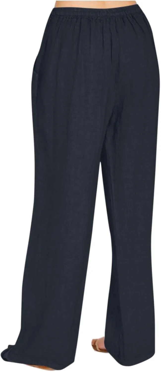 Women's Casual Linen Pants Summer Wide Leg Pants Drawstring Waist Lounge Pants Comfy Loose Pants Flowy Palazzo Pants