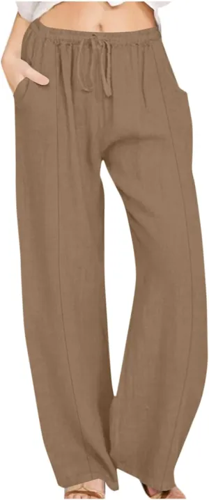 Women's Casual Linen Pants Summer Wide Leg Pants Drawstring Waist Lounge Pants Comfy Loose Pants Flowy Palazzo Pants