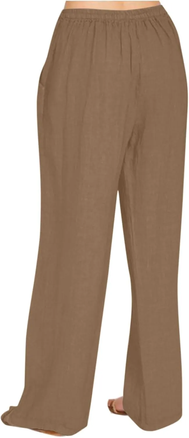 Women's Casual Linen Pants Summer Wide Leg Pants Drawstring Waist Lounge Pants Comfy Loose Pants Flowy Palazzo Pants