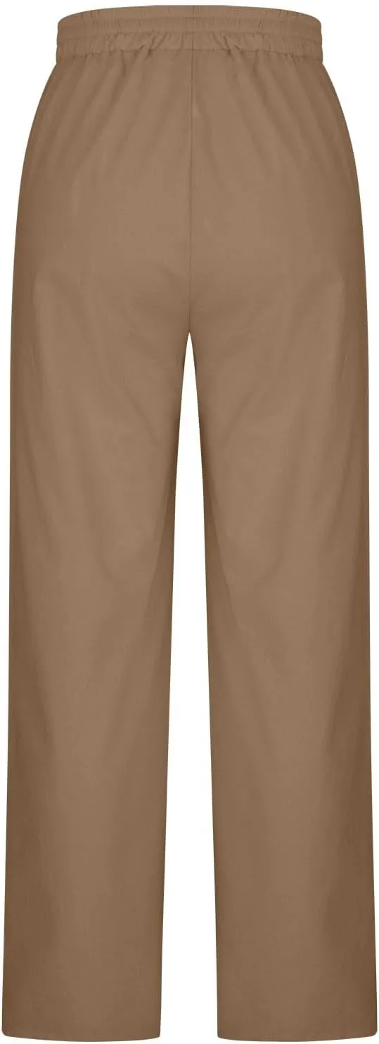 Women's Casual Linen Pants Summer Wide Leg Pants Drawstring Waist Lounge Pants Comfy Loose Pants Flowy Palazzo Pants