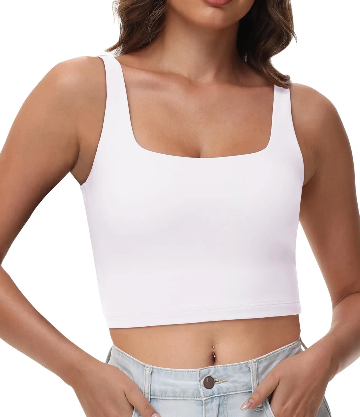Women's Double Lined Square Neck Tank Tops Sleeveless Workout Fitness Casual Basic Crop Tops