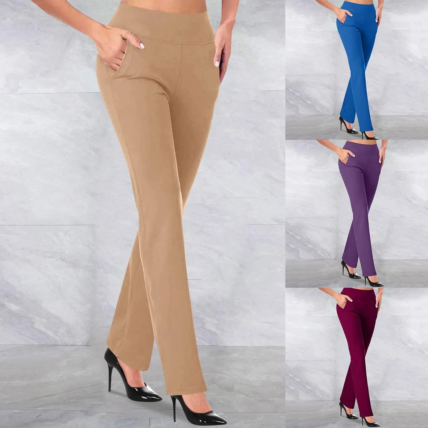 Womens Dress Pants Stretchy Dressy Pants Casual Work Pants Loose Straight Leg Pants Elastic High Waisted Pants Pockets