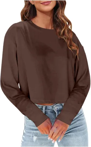 Womens Fashion Fall Long Sleeve Cropped T-Shirts Round Neck Drop Shoulder Crop Sweatshirts Solid Casual Crop Tops
