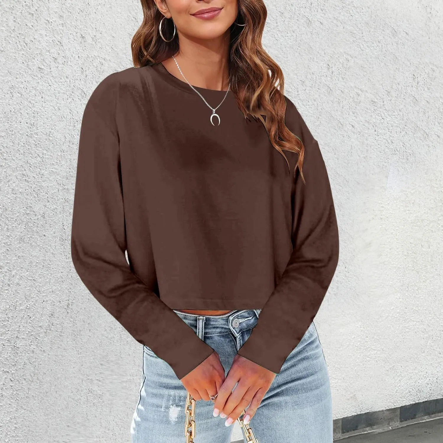Womens Fashion Fall Long Sleeve Cropped T-Shirts Round Neck Drop Shoulder Crop Sweatshirts Solid Casual Crop Tops