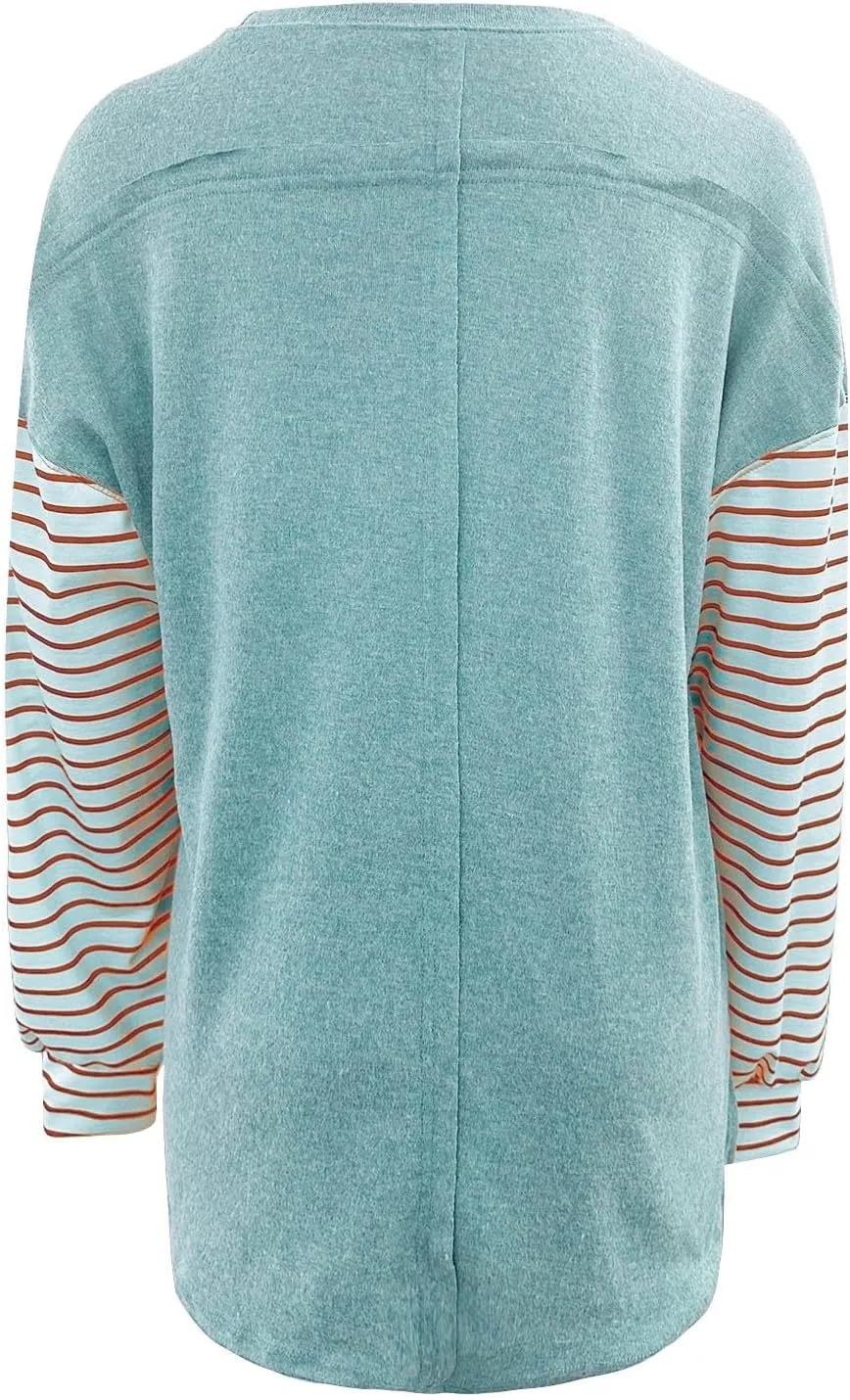 Womens Fashion Sweatshirts Color Block Striped Long Sleeve Crewneck Drop Shoulder Pullover Tops Loose Fit Sports Tops