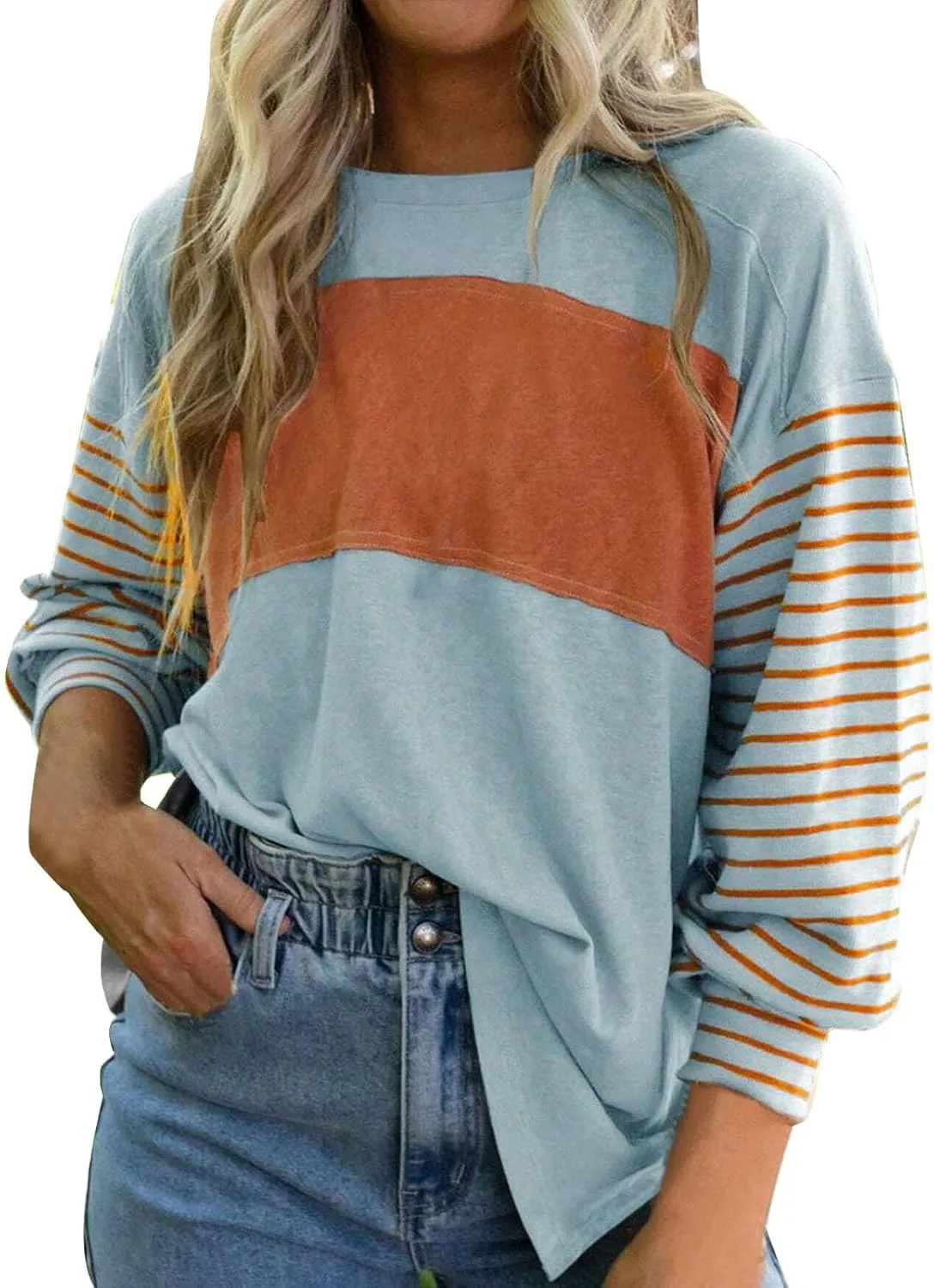 Womens Fashion Sweatshirts Color Block Striped Long Sleeve Crewneck Drop Shoulder Pullover Tops Loose Fit Sports Tops