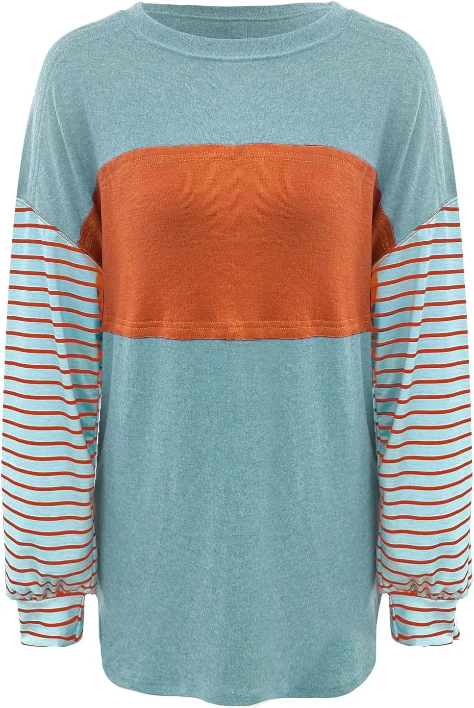 Womens Fashion Sweatshirts Color Block Striped Long Sleeve Crewneck Drop Shoulder Pullover Tops Loose Fit Sports Tops