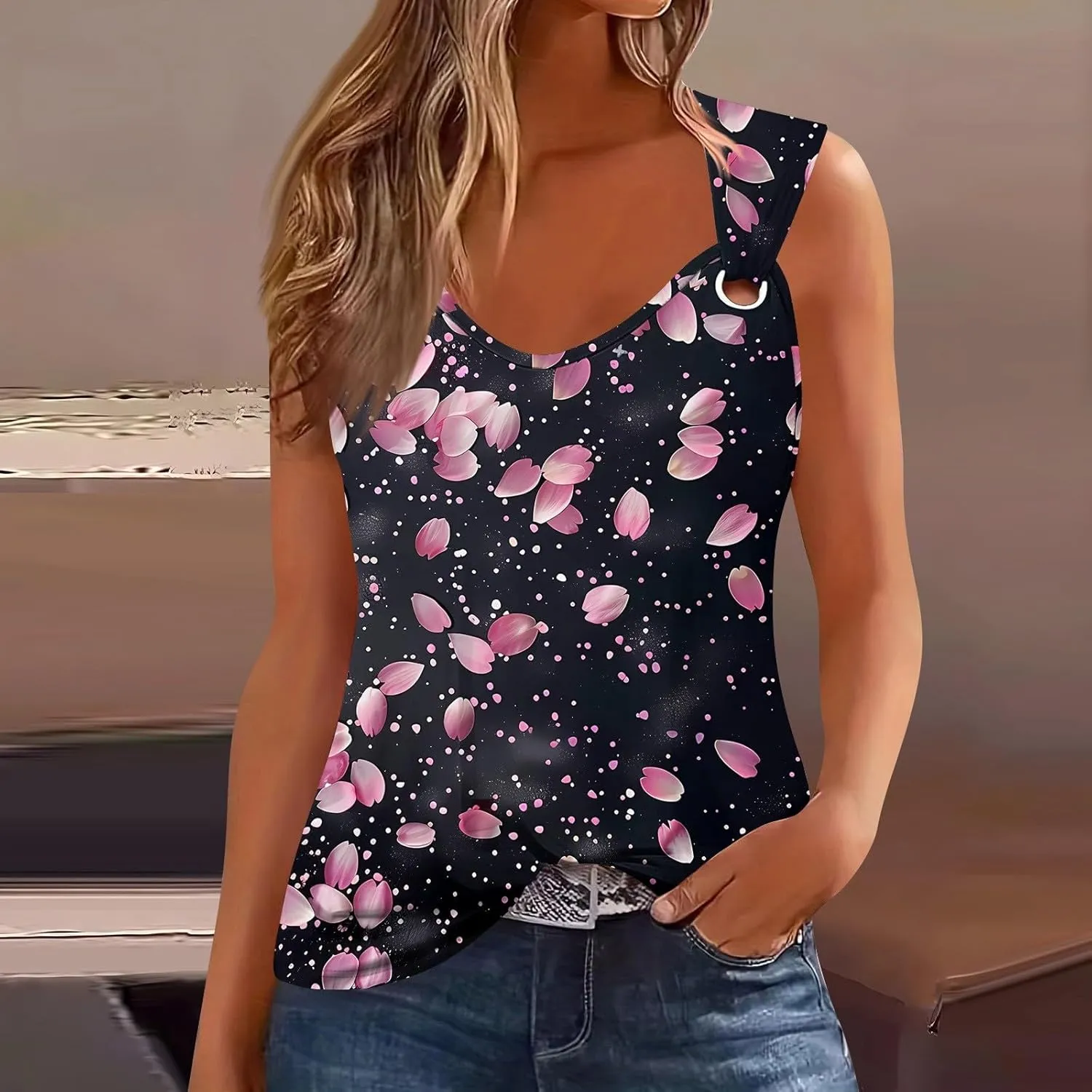 Women's Floral Print Sleeveless Top with Detail Casual Summer Blouse Lightweight and Breathable Fabric
