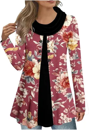 Womens Floral Tops Dressy Casual Button Down Tunic Tops Long Sleeve Cowl Neck Tops Fashion Tunic Tops Blouse