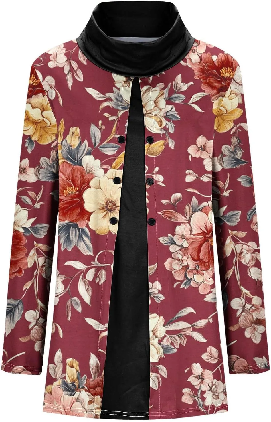 Womens Floral Tops Dressy Casual Button Down Tunic Tops Long Sleeve Cowl Neck Tops Fashion Tunic Tops Blouse