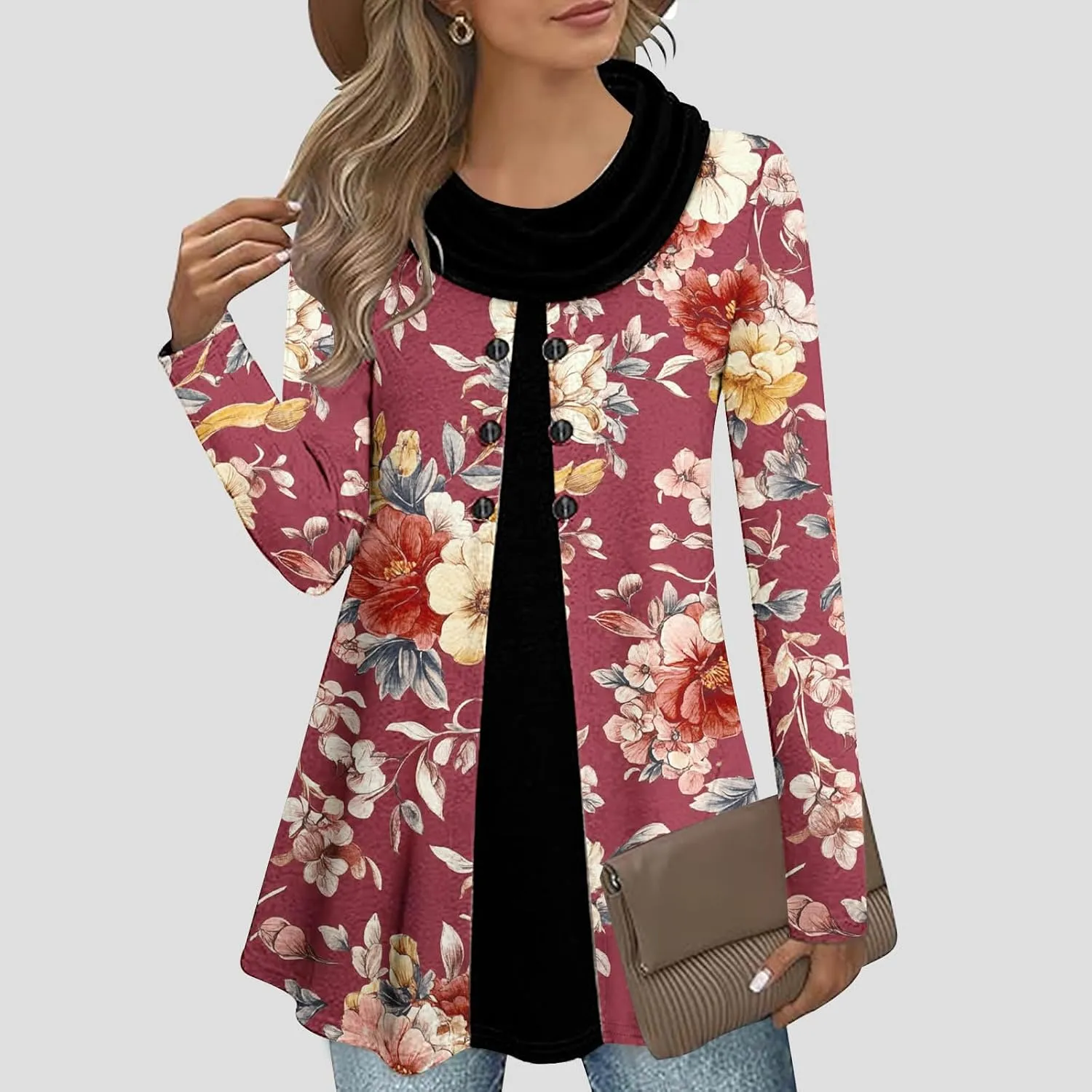 Womens Floral Tops Dressy Casual Button Down Tunic Tops Long Sleeve Cowl Neck Tops Fashion Tunic Tops Blouse