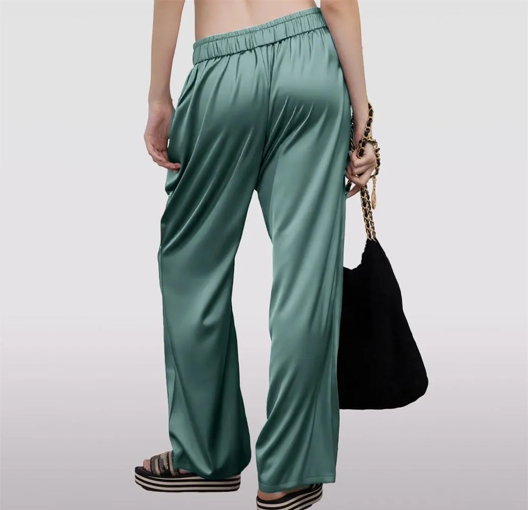 Women's High Waisted Wide-Leg Pants Summer Lightweight Satin Smooth Straight Trousers with Pockets