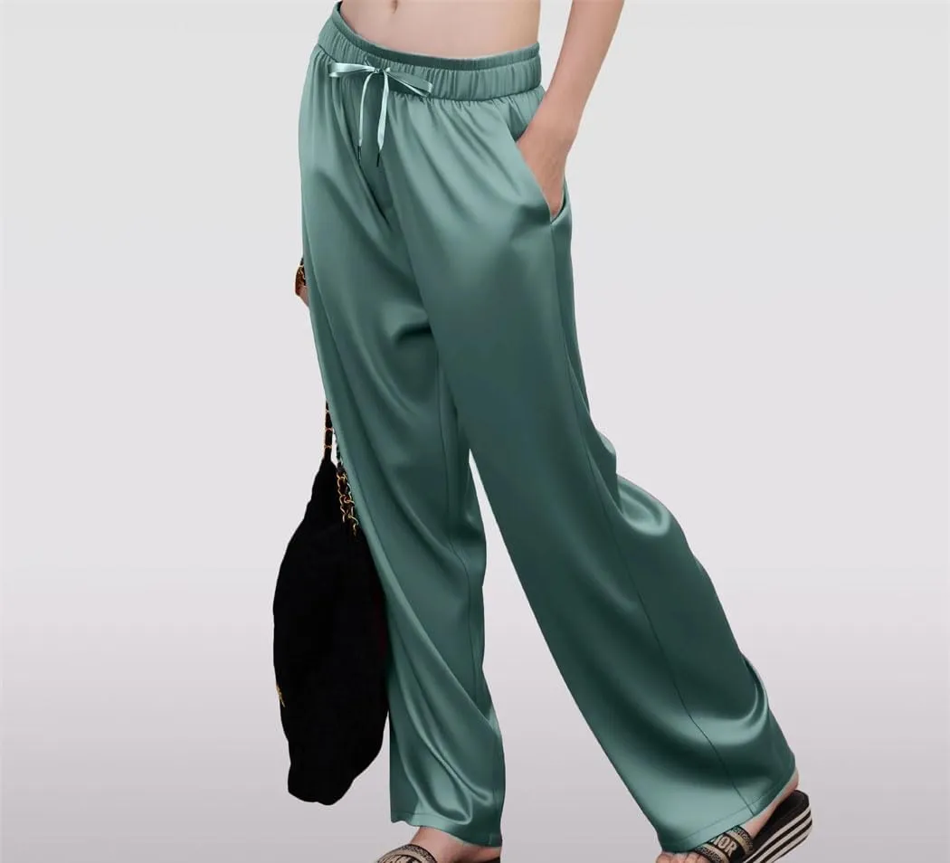 Women's High Waisted Wide-Leg Pants Summer Lightweight Satin Smooth Straight Trousers with Pockets