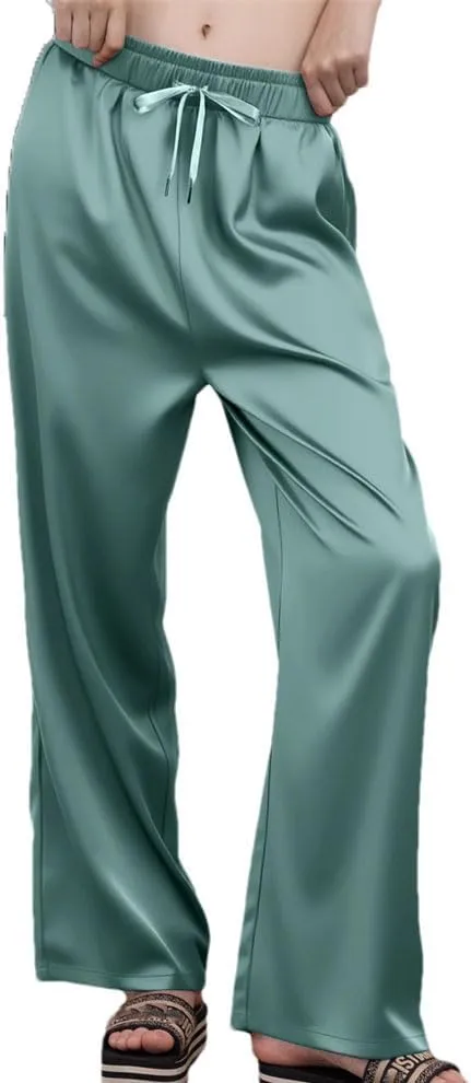 Women's High Waisted Wide-Leg Pants Summer Lightweight Satin Smooth Straight Trousers with Pockets