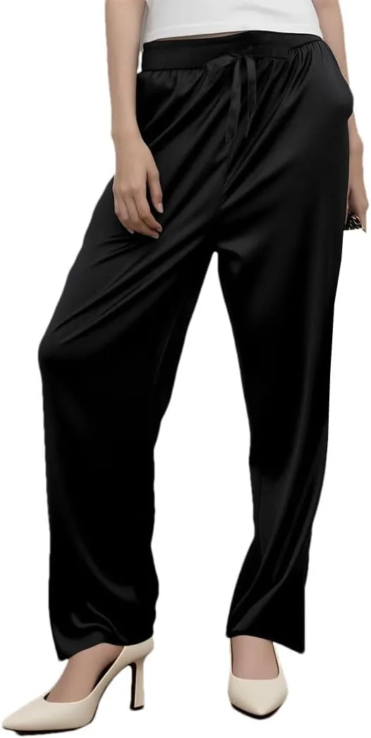 Women's High Waisted Wide-Leg Pants Summer Lightweight Satin Smooth Straight Trousers with Pockets