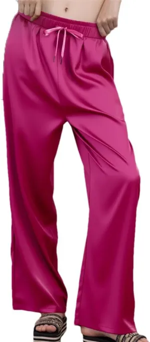 Women's High Waisted Wide-Leg Pants Summer Lightweight Satin Smooth Straight Trousers with Pockets