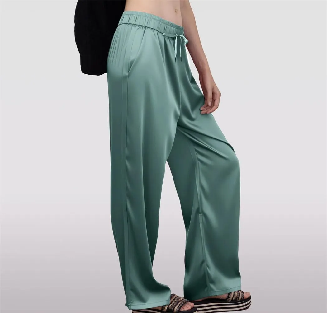 Women's High Waisted Wide-Leg Pants Summer Lightweight Satin Smooth Straight Trousers with Pockets