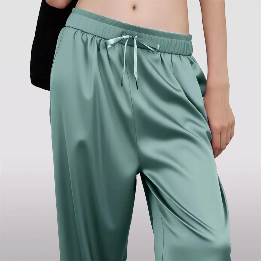 Women's High Waisted Wide-Leg Pants Summer Lightweight Satin Smooth Straight Trousers with Pockets