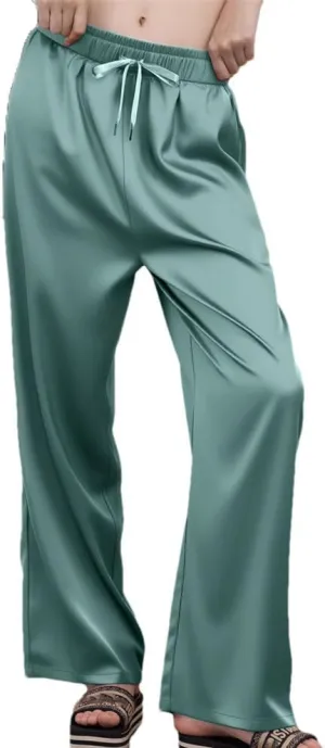 Women's High Waisted Wide-Leg Pants Summer Lightweight Satin Smooth Straight Trousers with Pockets