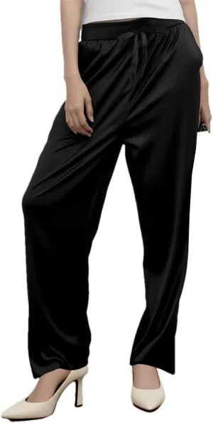 Women's High Waisted Wide-Leg Pants Summer Lightweight Satin Smooth Straight Trousers with Pockets