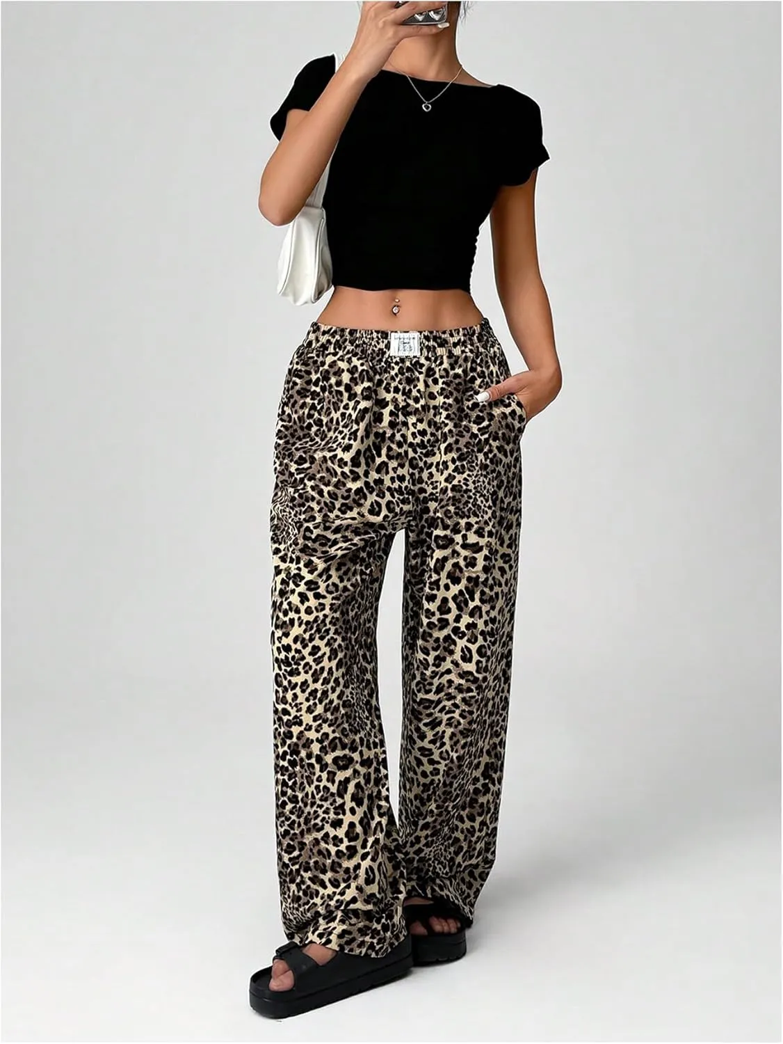 Women's Letter Leopard Print Straight Leg Pants Elastic Waist Y2K Trousers Bottoms with Pockets