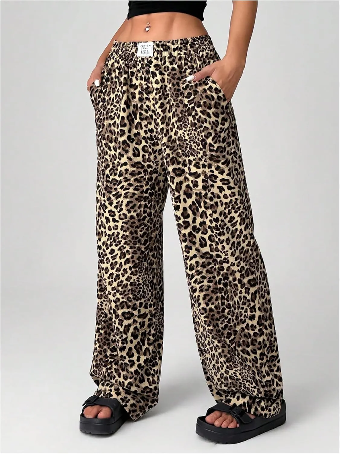 Women's Letter Leopard Print Straight Leg Pants Elastic Waist Y2K Trousers Bottoms with Pockets